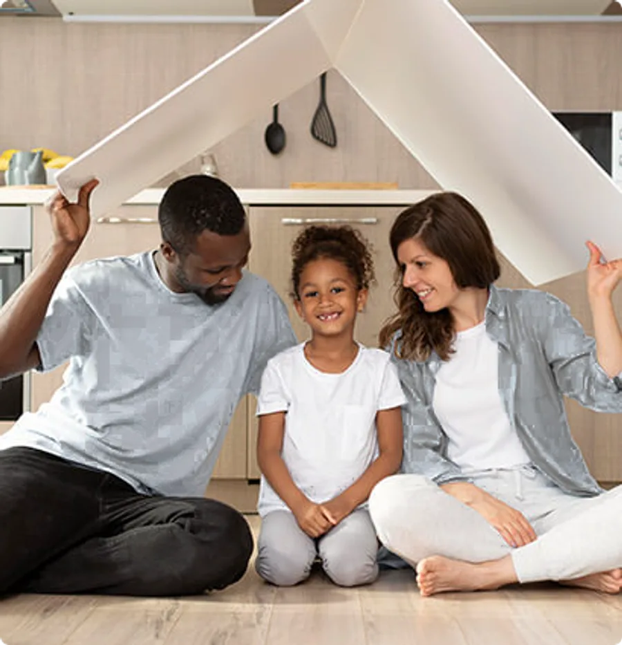 Family with white blanket protection