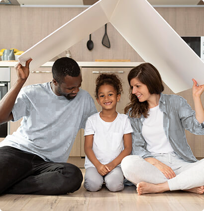 Family with white blanket protection